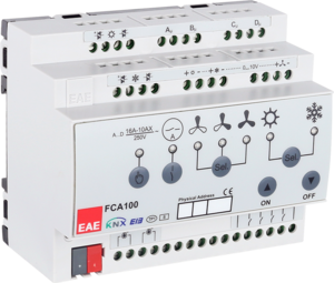 KNX fan coil multifuntion actuator with inputs, 3 point valves / heating, 1 binary output / 1 fan coil, 4 pipes, 4 inputs potential free, 16A, 200µF C-load, DIN rail, Ref. 48132