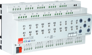 KNX multifuntion actuator with inputs, 3 point valves / fan coil / heating / shutter / shutter DC / switching, 20 binary outputs / 10 channel shutter / 5 fan coil, 2 pipes / 4 pipes, 18 inputs potential free, 16A, 140µF C-load, DIN rail, Ref. 48205