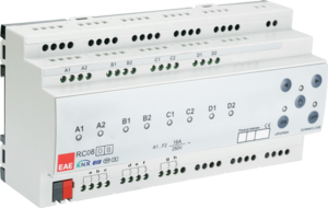 KNX multifuntion actuator with inputs, 3 point valves / fan coil / heating / shutter / shutter DC / switching, 8 binary outputs / 4 channel shutter / 2 fan coil, 2 pipes / 4 pipes, 8 inputs potential free, 16A, 140µF C-load, DIN rail, Ref. 48211