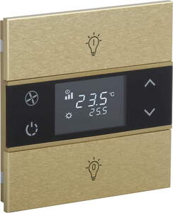KNX push button 2 rockers, with thermostat, with temperature sensor, with display, with icon, serie ROSA Metal, gold, Ref. INT-RMT1-0601B1