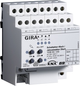 KNX multifuntion actuator, shutter / switching, 4 binary outputs / 2 channel shutter, 16A, 140µF, DIN rail, Ref. 1036 00
