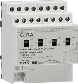 KNX switching actuator, 4 binary outputs , 16A, 200µF C-load, DIN rail, Ref. 1045 00