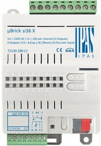 KNX multifuntion actuator with inputs, µBrick si36 X, shutter / switching, 4 binary outputs / 6 channel shutter, 6 inputs potential free, 10A, 140µF and resistive C-load, DIN rail / flush mount / surface, serie µBrick, Ref. 72130-180-12