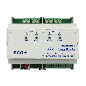 KNX switching actuator with inputs, BEA4F24H-E, 4 binary outputs , 4 inputs 24V, 16A C-load, serie ECO+, Ref. 79246