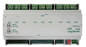 KNX switching actuator, A9F16-Q, 9 binary outputs, 16A C-load, DIN rail, serie QUICK, Ref. Q79235