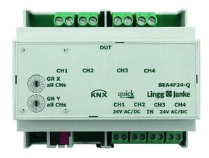KNX switching actuator with inputs, BEA4F24-Q, 4 binary outputs , 4 inputs 24V, 16A C-load, DIN rail, serie QUICK, Ref. Q79246