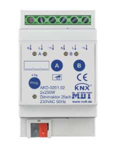KNX dimmer actuator, universal, 2 outputs , 230VAC, 1A - 1.9A, 250W, active power, DIN rail, serie STANDARD, Ref. AKD-0201.02