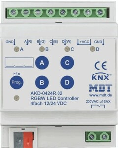 KNX dimmer actuator, LED 12/24VDC, 4 outputs , voltage controlled, RGB / RGBW, 4A, DIN rail, Ref. AKD-0424R.02