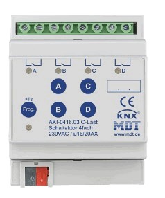 KNX switching actuator, 4 binary outputs , 230VAC, 16A / 20A, 200µF C-load, DIN rail, Ref. AKI-0416.03