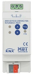 KNX switching actuator, 2 binary outputs , 230VAC, 16A, DIN rail, Ref. AKK-0216.03