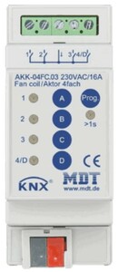 KNX multifuntion actuator, fan coil / switching, 4 binary outputs / 2 channel shutter / 1 fan coil, 2 pipes / 4 pipes, 230VAC, 16A, DIN rail, Ref. AKK-04FC.03