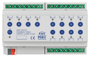 KNX switching actuator, 12 binary outputs , 230VAC, 10A, 140µF C-load, DIN rail, Ref. AKS-1210.03