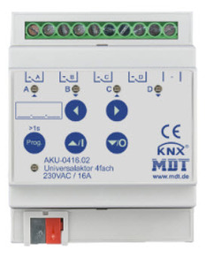 KNX multifuntion actuator, heating / shutter / switching, 4 binary outputs / 2 channel shutter, 230VAC, 16A, DIN rail, Ref. AKU-0416.02
