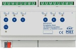 KNX switching actuator, 6 binary outputs , 230VAC, 16A / 20A, 200µF C-load, active power / current measurement / voltage measurement, DIN rail, Ref. AZI-0616.01