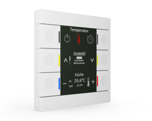 KNX push button 6 rockers, with thermostat, with temperature sensor, with display and with status LED, serie SMART 86, white glossy , Ref. BE-BZS86.01